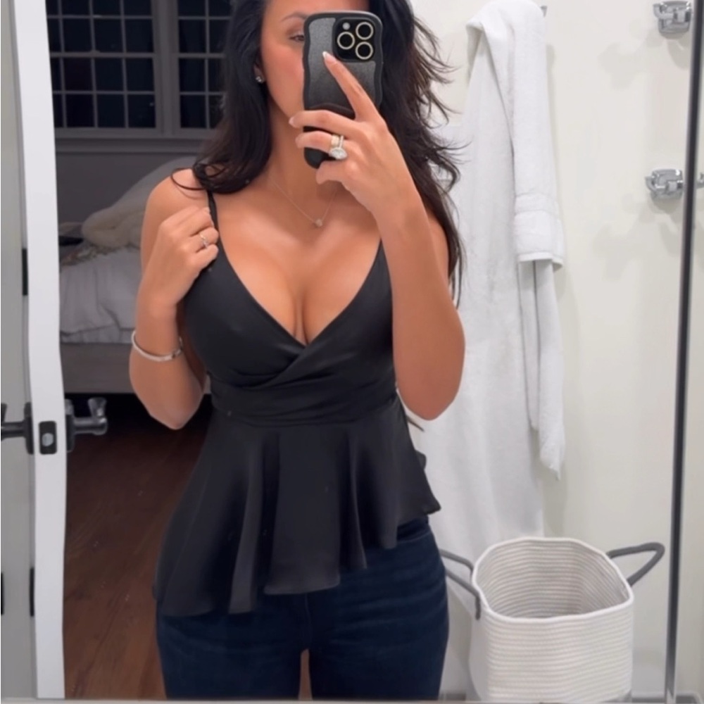 BCBG Black V-Neck Peplum Blouse